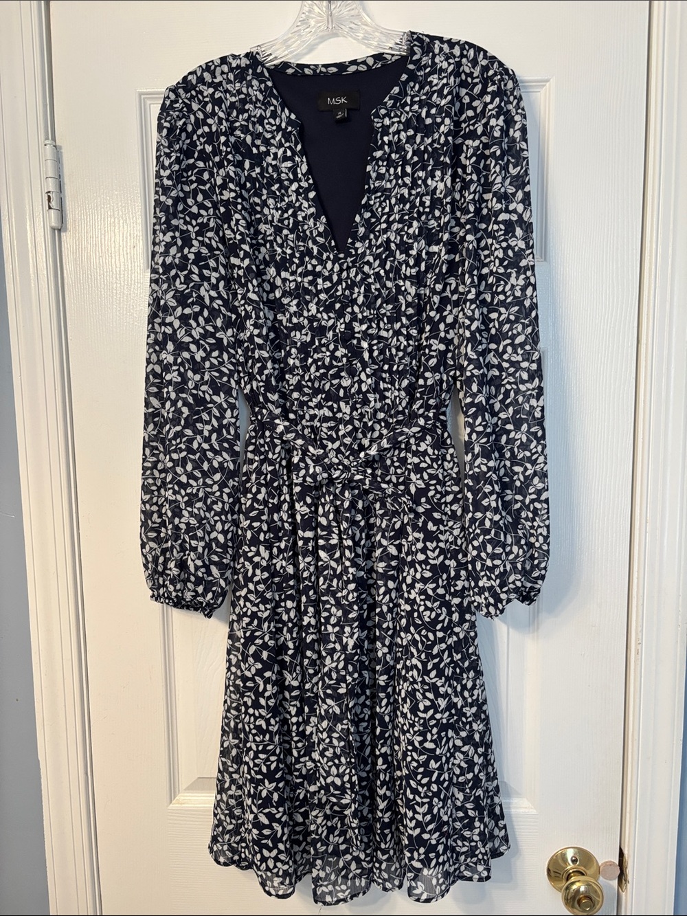 MSK Navy White Floral Pleated Tie Waist Dress Size 14